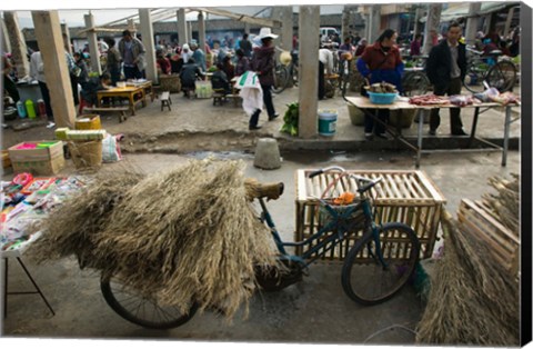 Framed Traditional town market with grass on bicycle for making brooms, Xizhou, Erhai Hu Lake Area, Yunnan Province, China Print