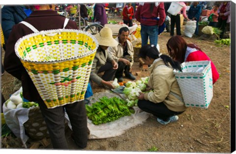 Framed People buying vegetables at a traditional town market, Xizhou, Erhai Hu Lake Area, Yunnan Province, China Print