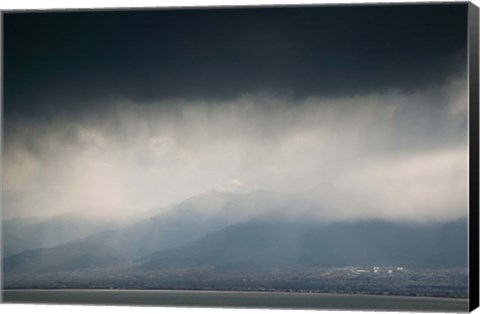 Framed Cangshan mountains and western shore of Erhai Hu Lake during spring storm, Wase, Erhai Hu Lake Area, Yunnan Province, China Print