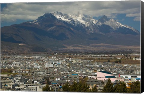 Framed High angle view of buildings in the new town towards Jade Dragon Snow Mountain, Lijiang, Yunnan Province, China Print