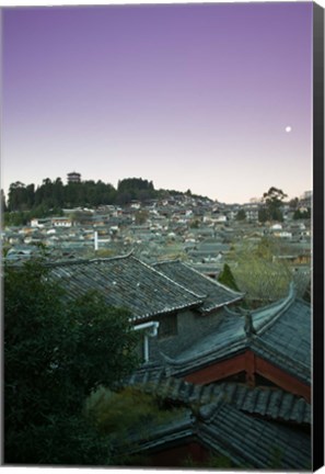 Framed High angle view of houses in the old town at dawn, Lijiang, Yunnan Province, China Print