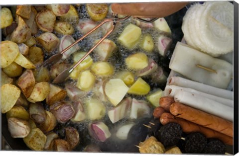 Framed Fried potatoes and snacks on the grill in a street market, Old Town, Lijiang, Yunnan Province, China Print