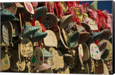 Framed Buddhist prayer wishes (Ema) hanging at a shrine on a tree, Old Town, Lijiang, Yunnan Province, China Print