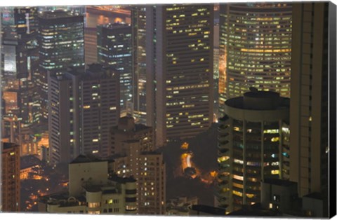 Framed High angle view of buildings lit up at dusk, Central District, Hong Kong Print