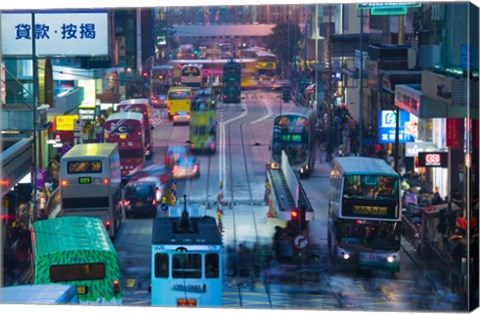 Framed Traffic on a street at night, Des Voeux Road Central, Central District, Hong Kong Island, Hong Kong Print