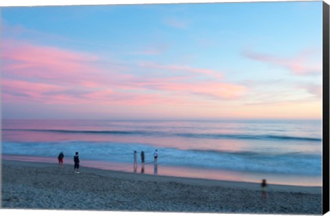 Framed Tourists on the beach at sunset, Santa Monica, California, USA Print