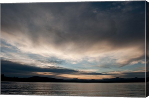 Framed Lake at sunset with mountains in the background, Mt Lassen, Lake Almanor, California, USA Print