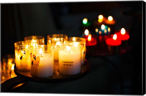 Framed Votive candles in a cathedral, Reims Cathedral, Reims, Marne, Champagne-Ardenne, France Print