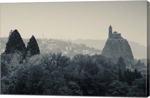 Framed Saint Michel d&#39;Aiguilhe Chapel at Dawn, Aiguilhe, Le Puy-en-Velay, Haute-Loire, Auvergne, France (black and white) Print