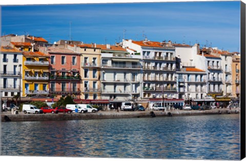 Framed Old Port waterfront with buildings in the background, Sete, Herault, Languedoc-Roussillon, France Print