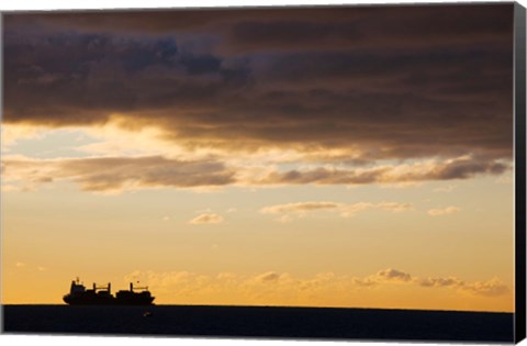 Framed Silhouette of a ship in the sea at dawn, Sete, Herault, Languedoc-Roussillon, France Print