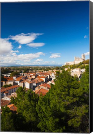 Framed Elevated view of a town with Cathedrale Saint-Nazaire in the background, Beziers, Herault, Languedoc-Roussillon, France Print