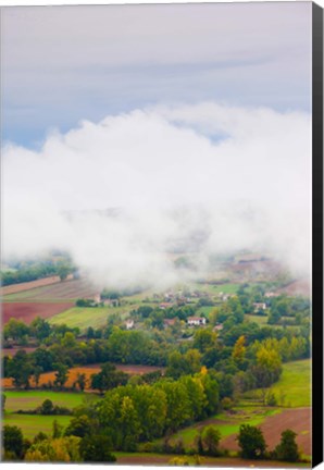 Framed Elevated view of the Cerou Valley from Place de la Bride in fog, Cordes-sur-Ciel, Tarn, Midi-Pyrenees, France Print