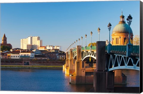 Framed Pont Saint-Pierre bridge and the dome of the Hopital de la Grave at sunrise, Toulouse, Haute-Garonne, Midi-Pyrenees, France Print