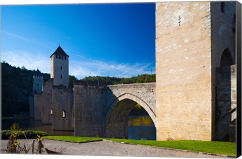 Framed Medieval bridge across a river, Pont Valentre, Lot River, Cahors, Lot, Midi-Pyrenees, France Print