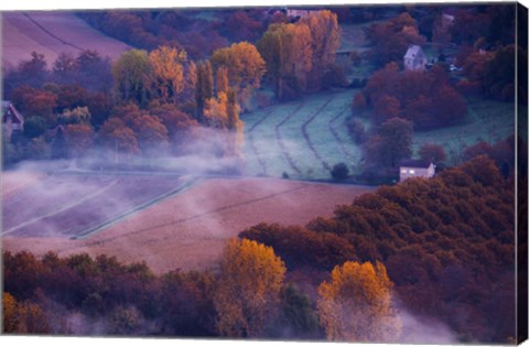 Framed Aerial View of Dordogne River Valley in fog, Domme, Dordogne, Aquitaine, France Print