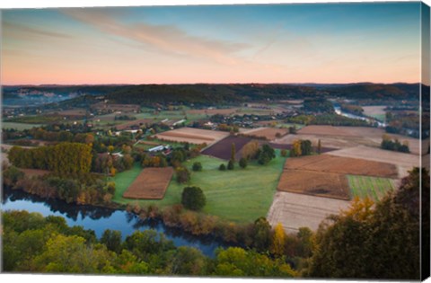 Framed Elevated view of the Dordogne River Valley in fog from the Belvedere de la Barre at dawn, Domme, Dordogne, Aquitaine, France Print