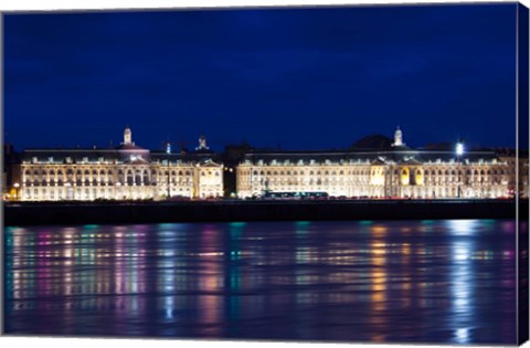 Framed Place de la Bourse buildings from the Garonne River at dusk, Bordeaux, Gironde, Aquitaine, France Print