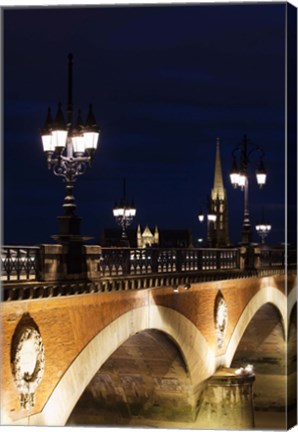 Framed Pont de Pierre bridge across Garonne River with Eglise St-Michel at dusk, Bordeaux, Gironde, Aquitaine, France Print