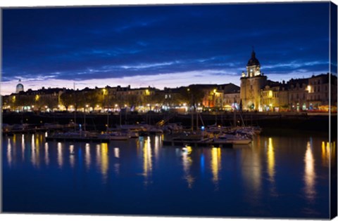 Framed Buildings at the waterfront lit up at dusk, Old Port, La Rochelle, Charente-Maritime, Poitou-Charentes, France Print