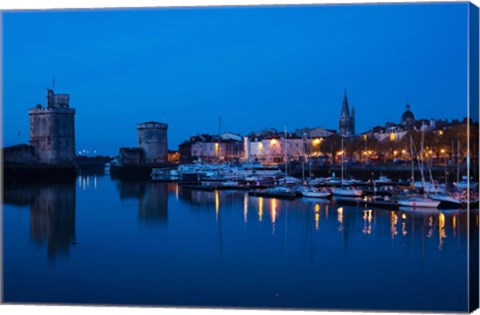 Framed Tour St-Nicholas and Tour de la Chaine towers at dawn, Old Port, La Rochelle, Charente-Maritime, Poitou-Charentes, France Print