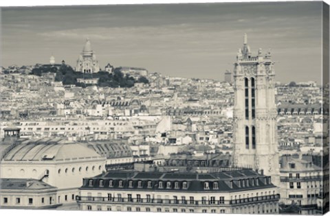 Framed City with St. Jacques Tower and Basilique Sacre-Coeur viewed from Notre Dame Cathedral, Paris, Ile-de-France, France Print