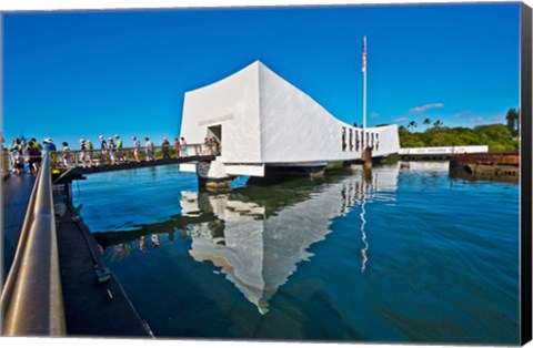 Framed Reflection of a memorial in water, USS Arizona Memorial, Pearl Harbor, Honolulu, Hawaii, USA Print