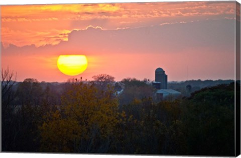 Framed Trees and farm sunset, Wisconsin, USA Print