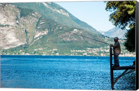 Framed Man Fishing from Dock on Edge of Lake Como, Varenna, Lombardy, Italy Print