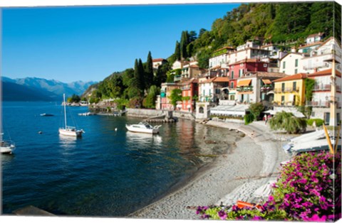 Framed Houses at waterfront with boats on Lake Como, Varenna, Lombardy, Italy Print