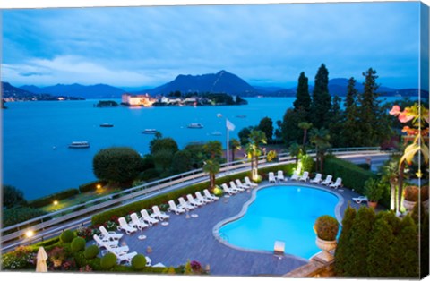 Framed Aerial view of a swimming pool at hotel, Villa e Palazzo Aminta, Isola Bella, Stresa, Lake Maggiore, Italy Print