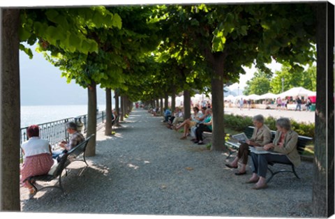 Framed People sitting on benches among trees at lakeshore, Lake Como, Cernobbio, Lombardy, Italy Print