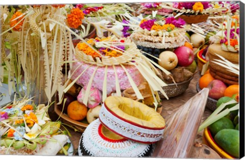 Framed Many of the offerings on cart in front of a temple in Tampaksiring, Bali, Indonesia Print