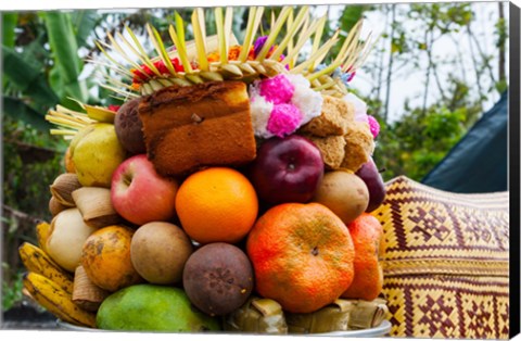 Framed Basket of fruits and bakery items being offered at temple on holy day, Tiga, Susut, Bali, Indonesia Print