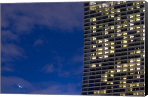 Framed Low angle view of a shopping centre with crescent moon at dusk, Marina Bay Sands, Singapore Print