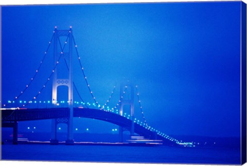 Framed Fog surrounding the Mackinac Bridge at dusk, Michigan, USA Print