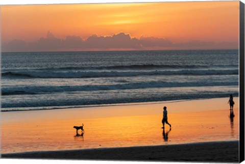 Framed Silhouette of people and dog walking on the beach, Seminyak, Kuta, Bali, Indonesia Print