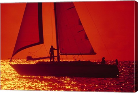 Framed Silhouette of a sailboat in a lake, Lake Michigan, Chicago, Cook County, Illinois, USA Print