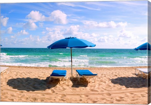 Framed Lounge chairs and beach umbrella on the beach, Fort Lauderdale Beach, Florida, USA Print