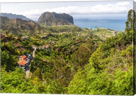 Framed High angle view of Porto da Cruz and Penha de Aguia from Portela, Madeira, Portugal Print