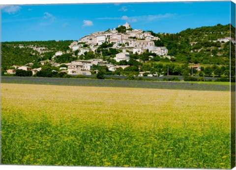 Framed Farm with a town in the background, Simiane-La-Rotonde, Alpes-de-Haute-Provence, Provence-Alpes-Cote d&#39;Azur, France Print