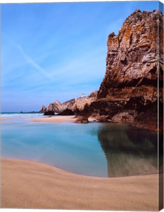 Framed Beach with a lighthouse in the background, Pointe Du Toulinguet, Crozon, Finistere, Brittany, France Print