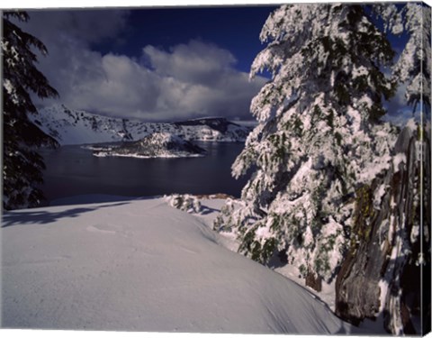 Framed Crater Lake in winter, Wizard Island, Crater Lake National Park, Oregon, USA Print
