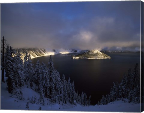 Framed Wizard Island at Crater Lake in winter, Crater Lake National Park, Oregon, USA Print