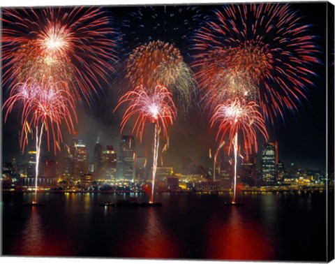 Framed Fireworks display at night on Freedom Festival at Detroit (in Michigan, USA) viewed from Windsor, Ontario, Canada 2013 Print