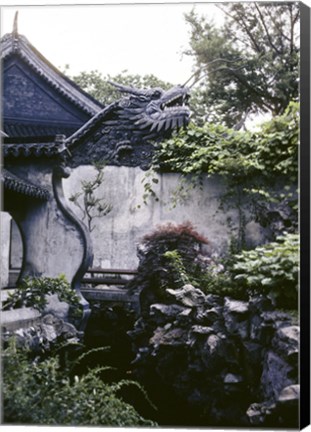 Framed Garden with Dragon on Temple Wall Shanghai, China Print