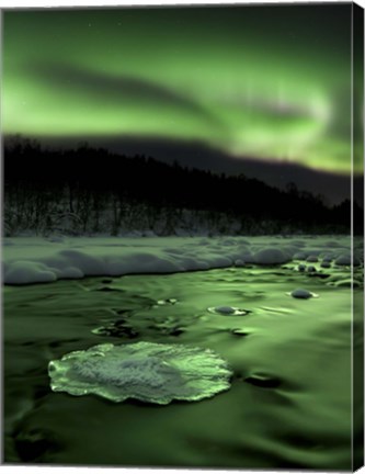 Framed Aurora Borealis reflects off the Tennevik River, Troms County, Norway Print