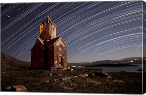 Framed Star trails above Dzordza church, Iran Print