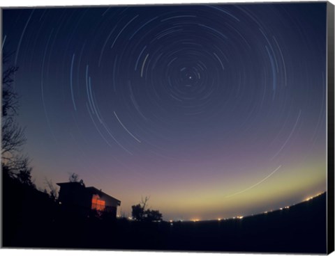 Framed Circumpolar star trails with a faint aurora over horizon, Alberta, Canada Print