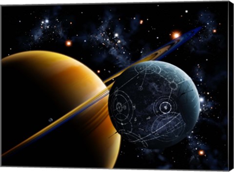 Framed Two artificial moons travelling around a gas giant devouring the natural moons Print